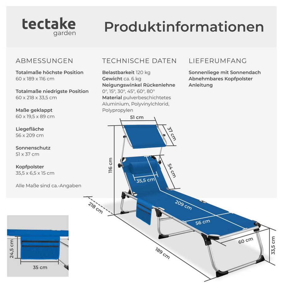 Tectake Lettino da sole Aurelie Pieghevole, con cuscino  