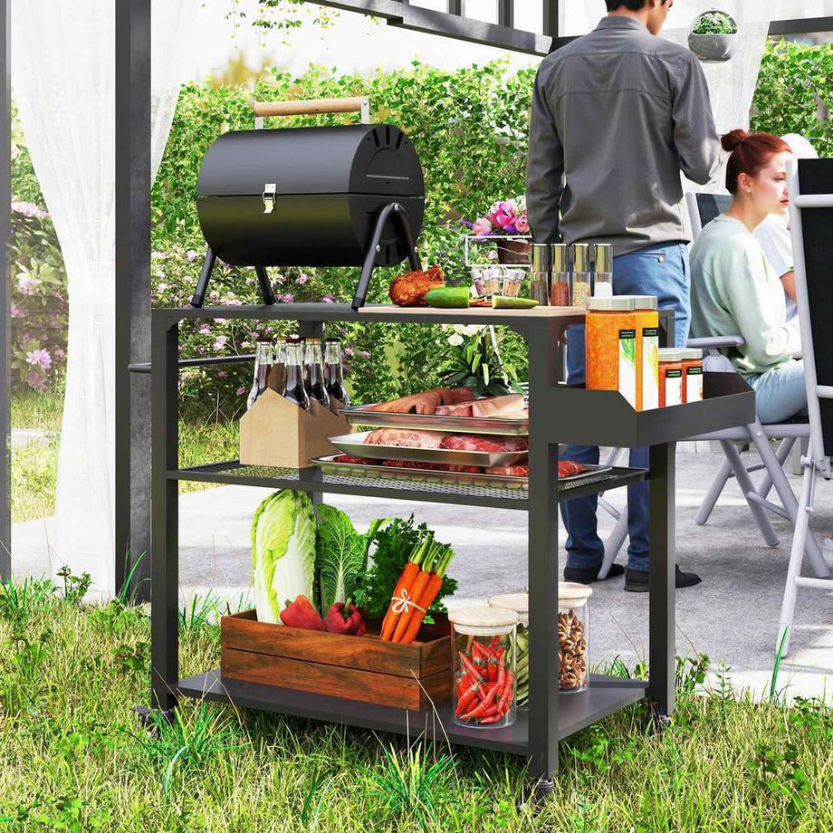 Northio Carrello per griglia Carrello da portata a 3 livelli con ripiani del piano di lavoro ruote, tavolo per barbecue in acciaio inossidabile, tavolino per griglia, carrello per esterni, griglia a carbone per giardino, terrazza, 105x50x79 cm nero Aosom  