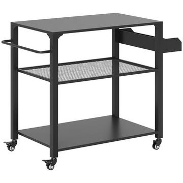Grillwagen 3-Etagen Servierwagen mit Arbeitsfläche Ablagen Räder, BBQ Grilltisch aus Edelstahl, Grill Beistelltisch, Outdoor Trolley, Holzkohlegrill für Garten, Terrasse, 105x50x79cm Schwarz Aosom