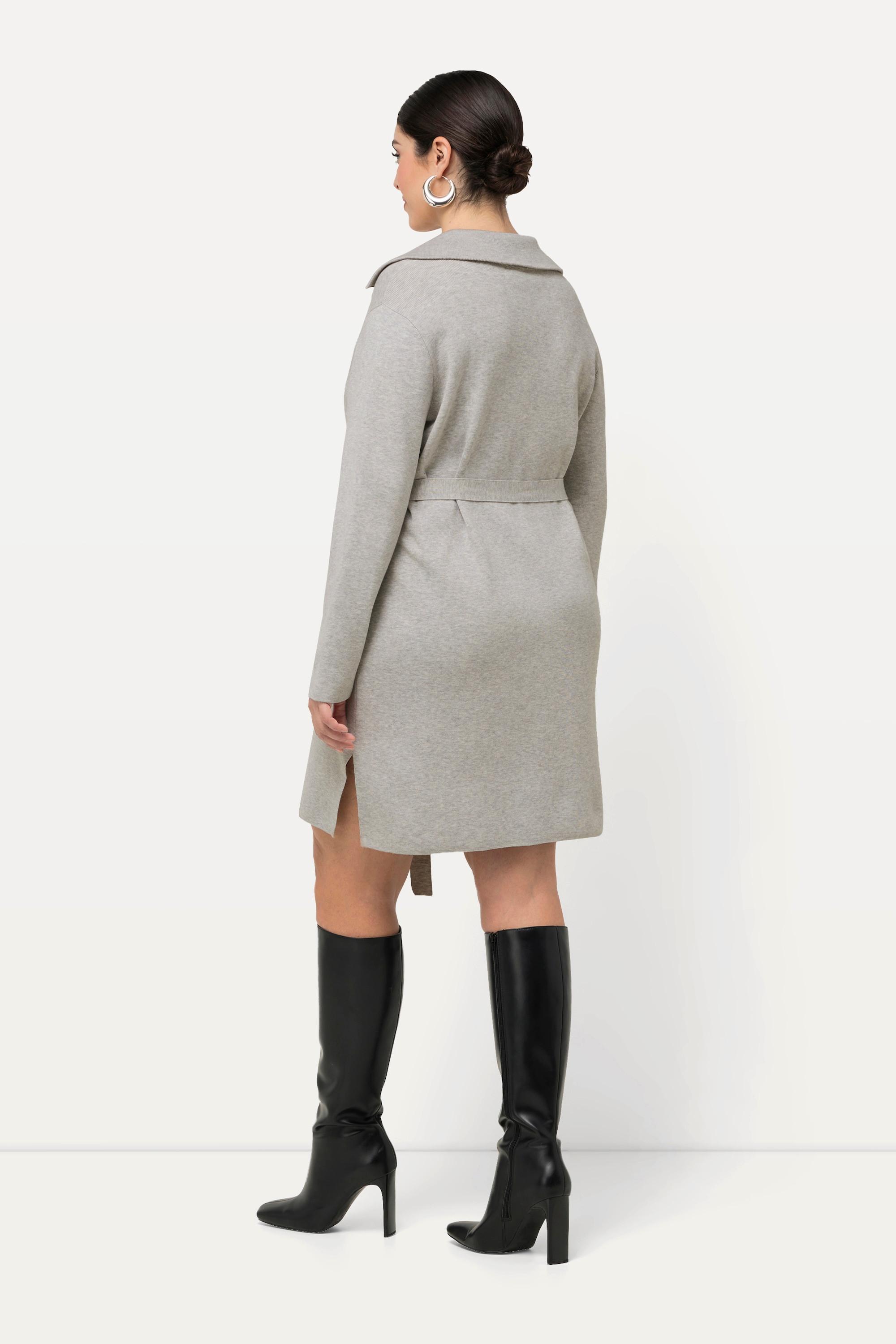 Ulla Popken Strickkleid Gürtel Hemdkragen V-Ausschnitt Langarm  