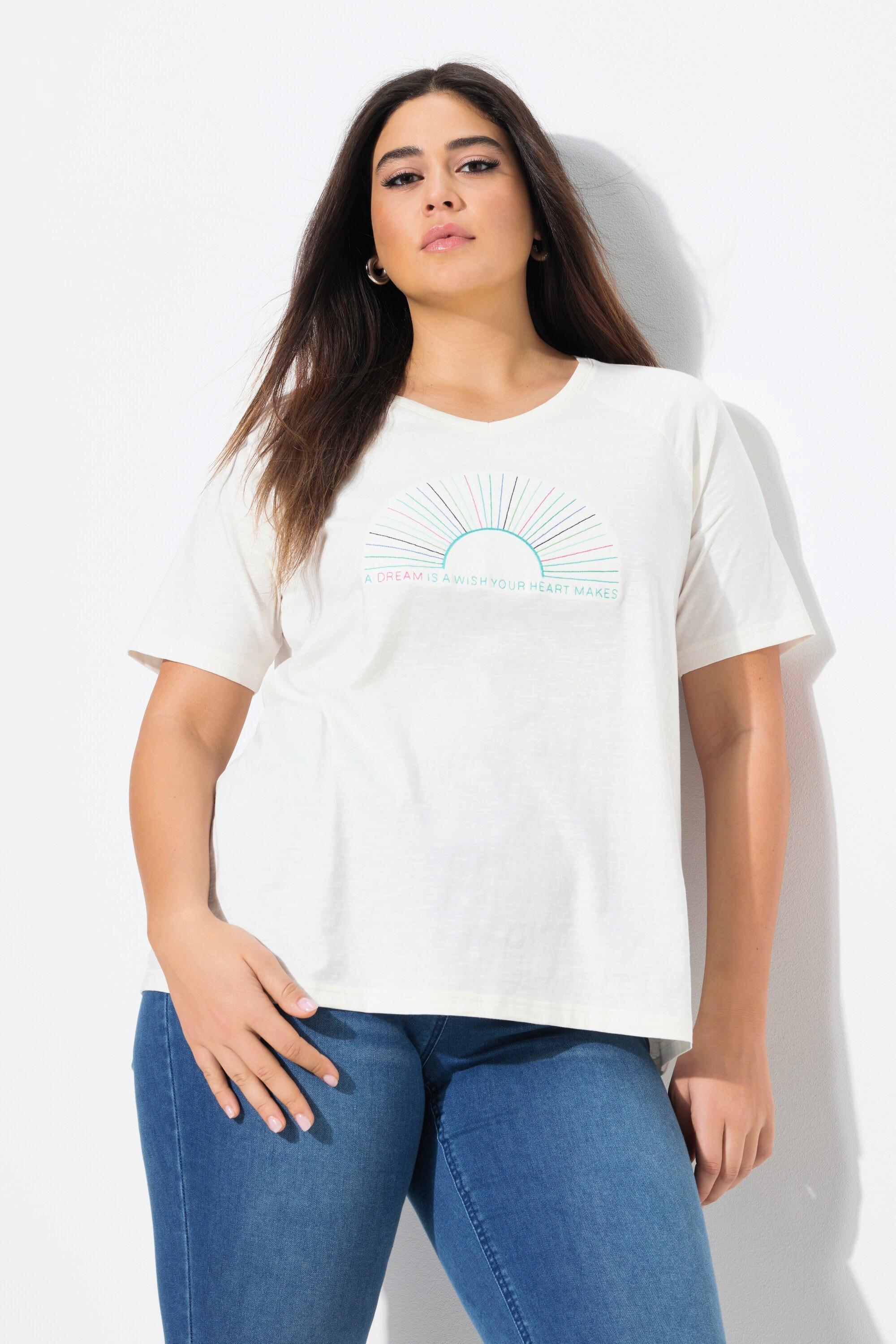 Ulla Popken T-shirt Classique Brodé Col V Manches Courtes Chauve-souris  