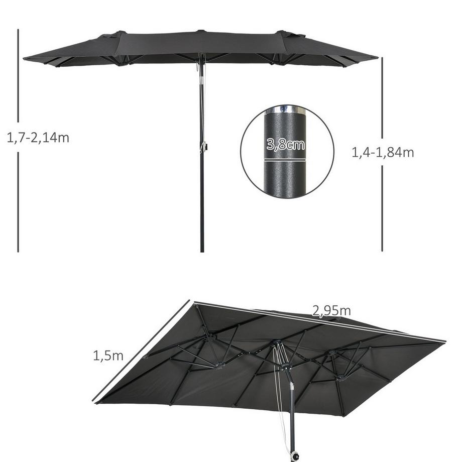 Northio Parasol, Parasol de Jardin 150 x 295 cm, Parasol Double avec Angle d'inclinaison réglable, Parasol de marché pour terrasse, Polyester, Gris  