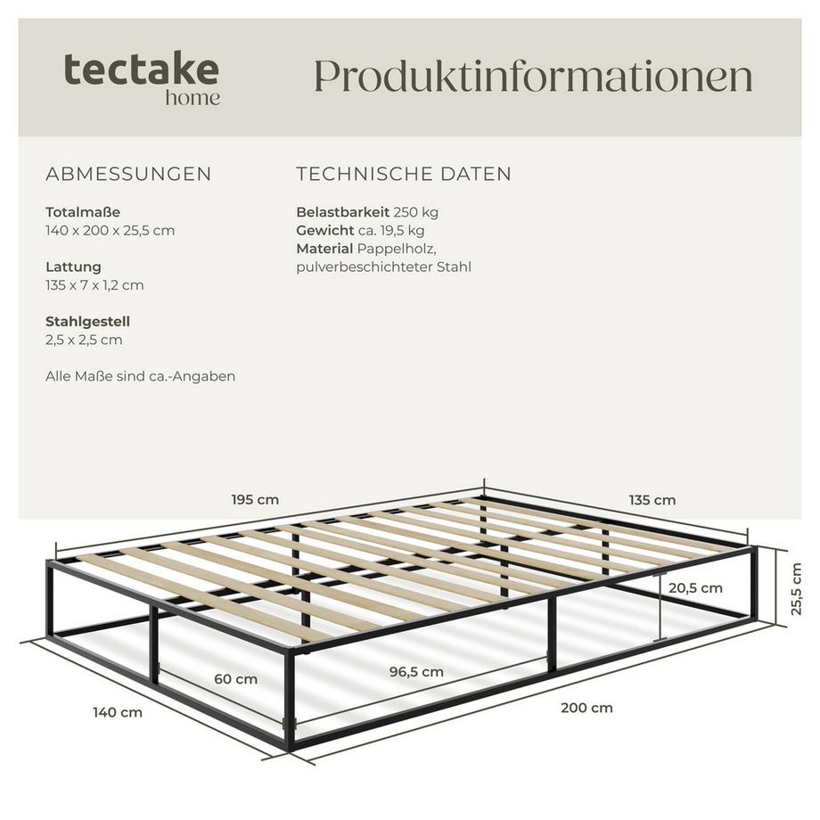 Tectake Kyoto Metallrahmenbett mit Lattenrost 250 kg  