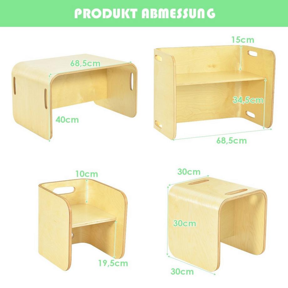 Northix  3 tlg. Kindertisch Stühle Set Kindersitzgrupppe Holz Kindermöbel Lerntisch Natur 