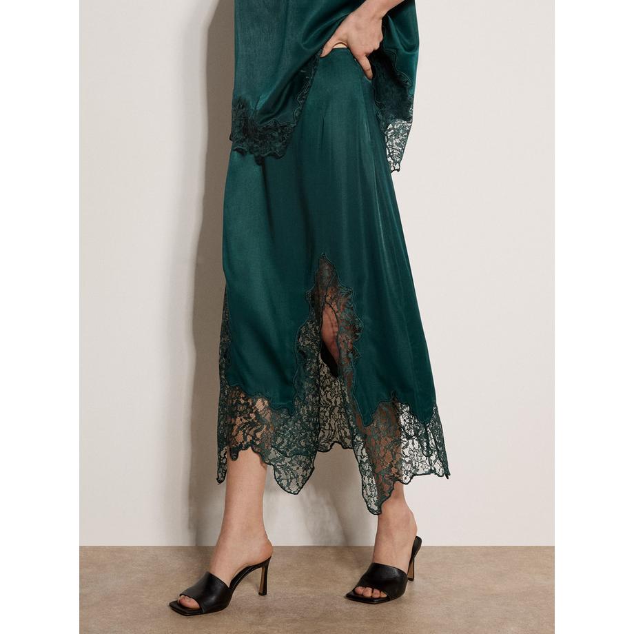 Jupe mi-longue en satin à ourlet en dentelle