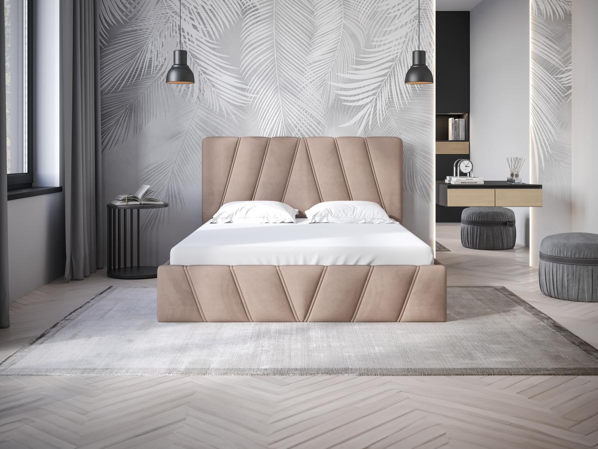 PASCAL MORABITO Bett mit Bettkasten - 140 x 190 cm - Samt - Beige + Matratze - LIDAMA von Pascal Morabito  