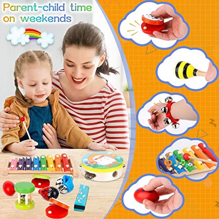 Activity-board  30 pieces of musical instruments for children, wooden percussion instruments for play and rhythm, xylophone 