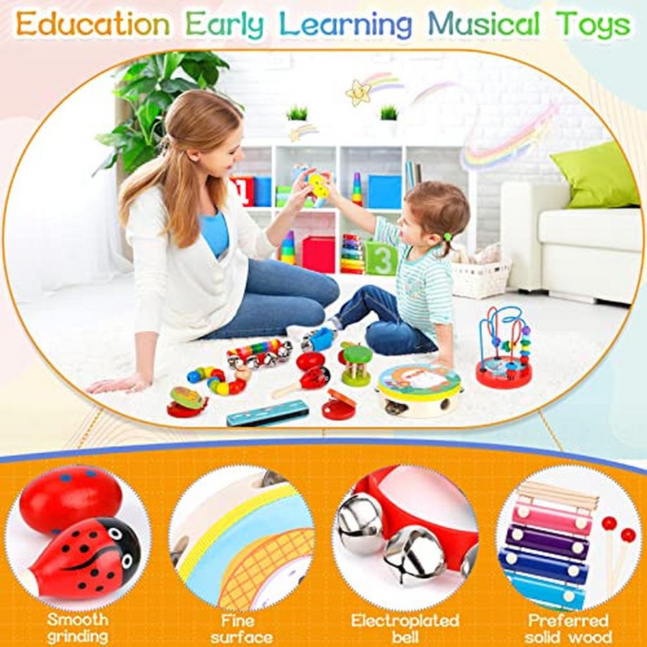 Activity-board  30 pieces of musical instruments for children, wooden percussion instruments for play and rhythm, xylophone 