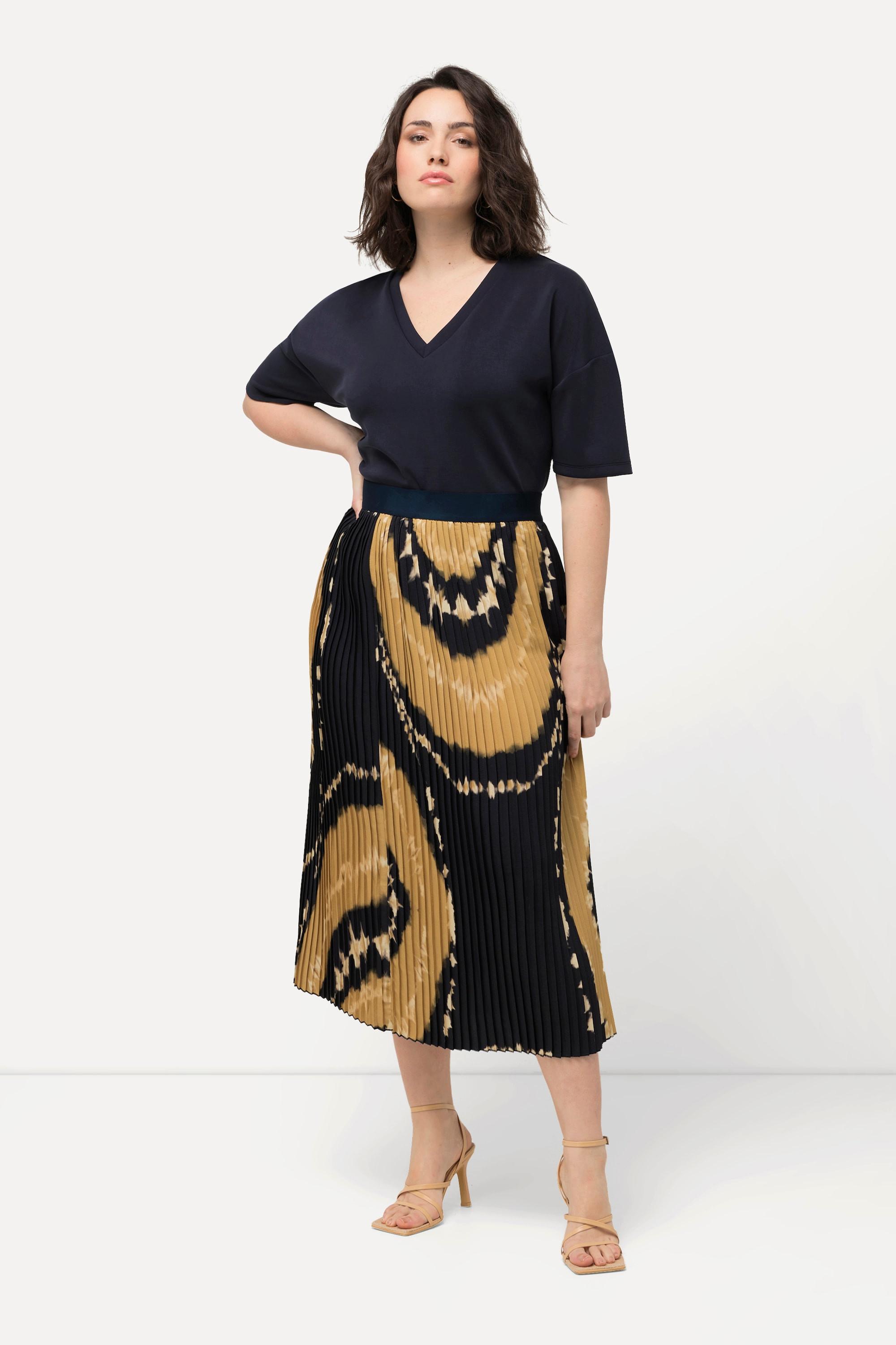 Ulla Popken Gonna Plissettata Stampa Batik Vita Elastica Linea A  