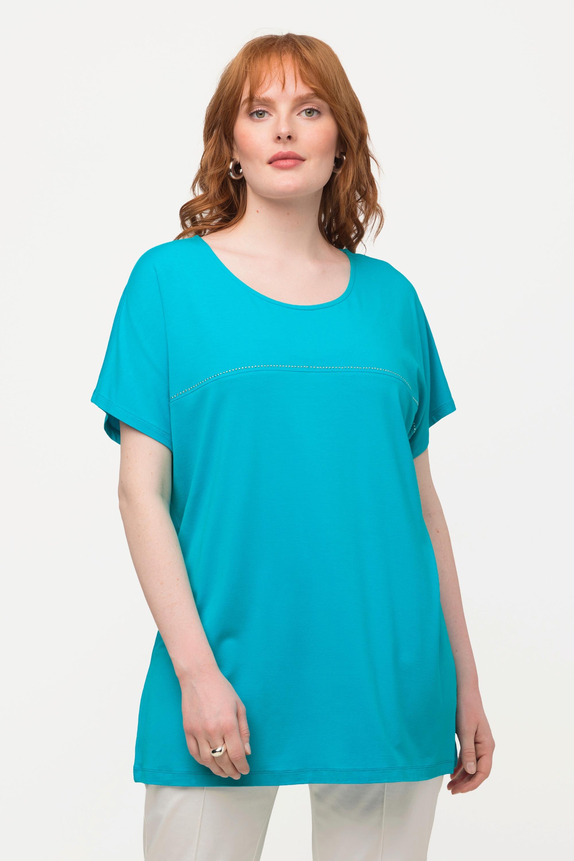 Ulla Popken  T-shirt con righe di applicazioni brillanti, scollo a girocollo e mezze maniche 