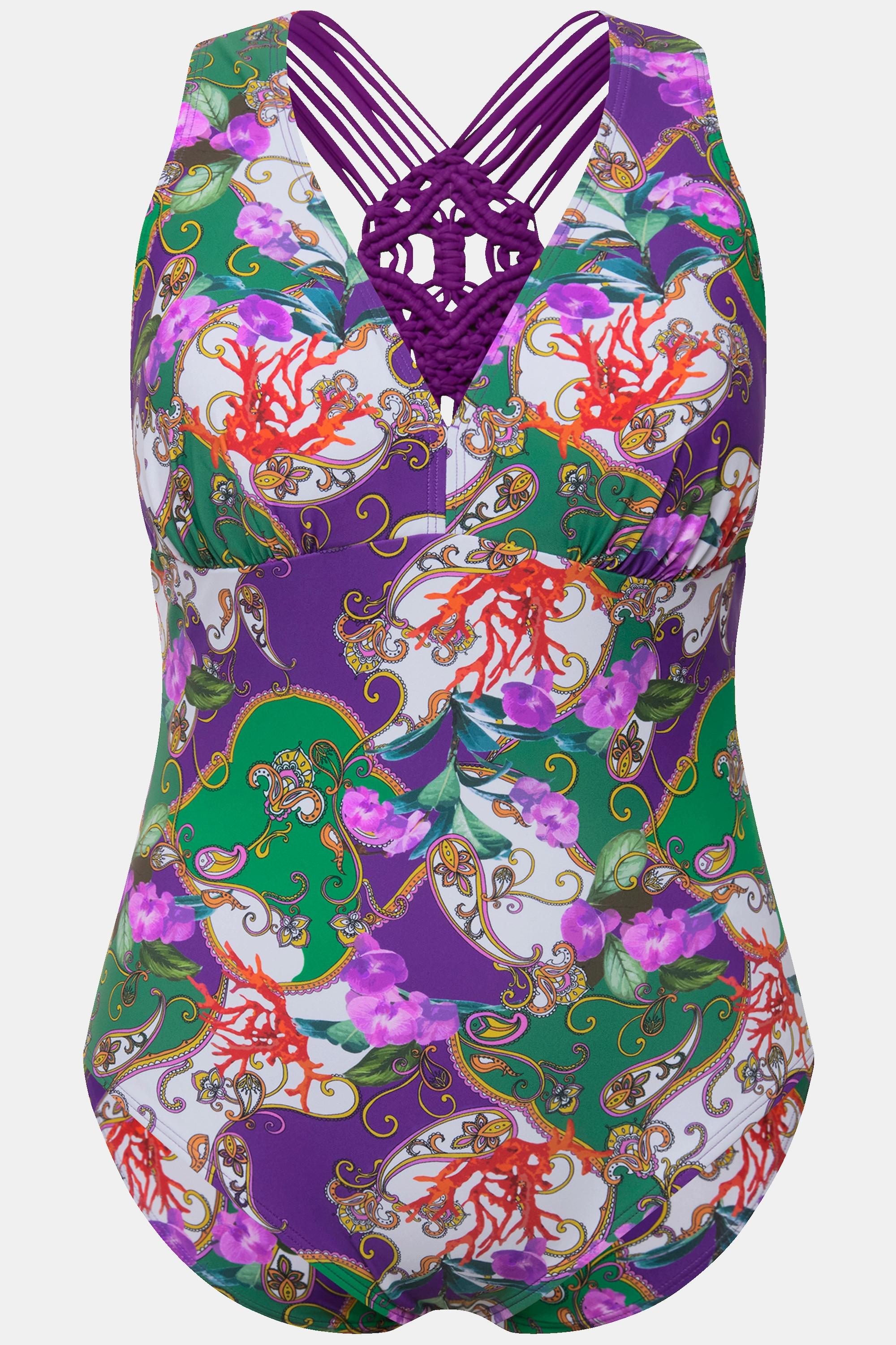 Ulla Popken Costume da bagno Coppe Morbide Spalline Macramè Fantasia Floreale  