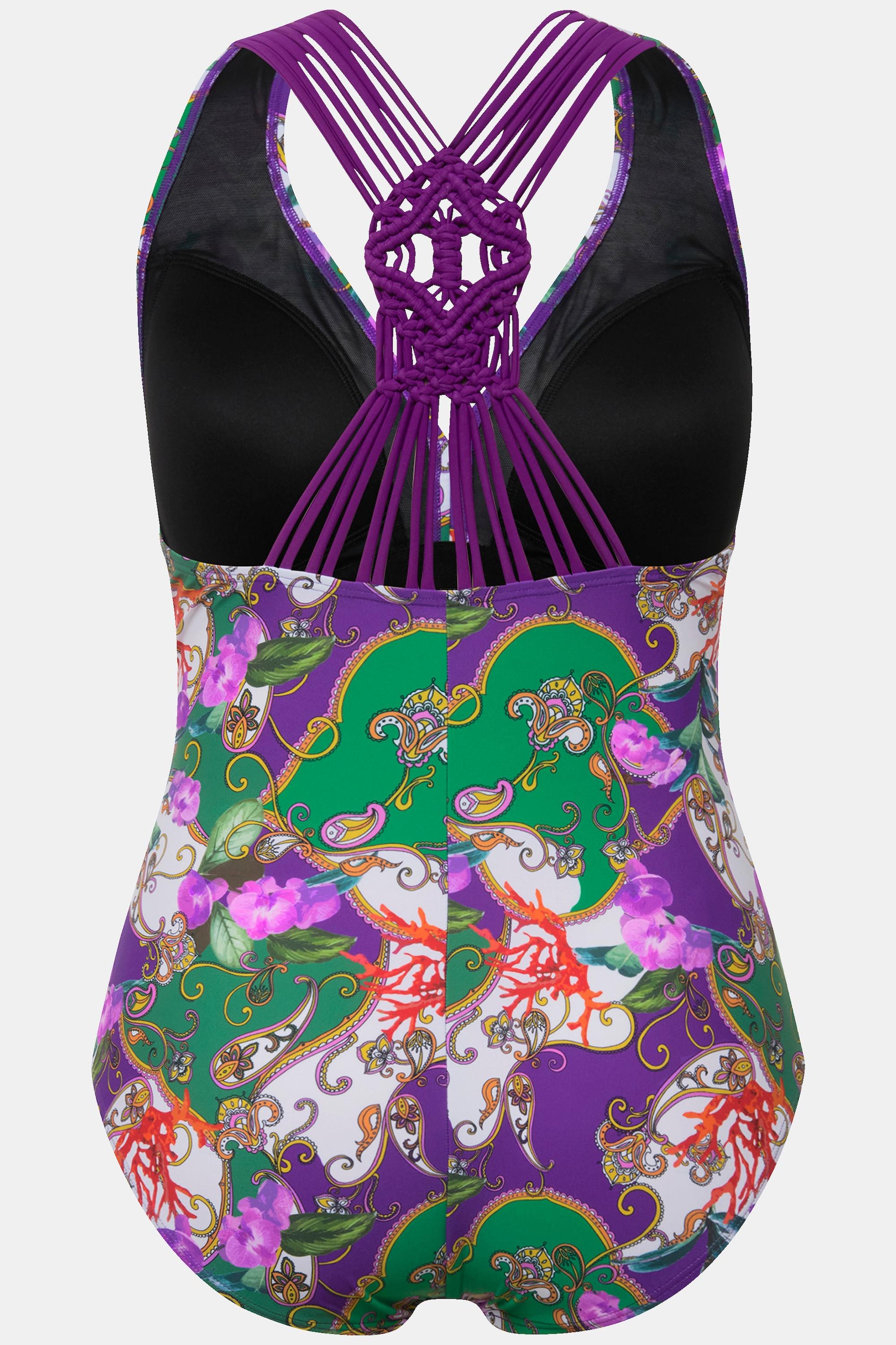 Ulla Popken Costume da bagno Coppe Morbide Spalline Macramè Fantasia Floreale  