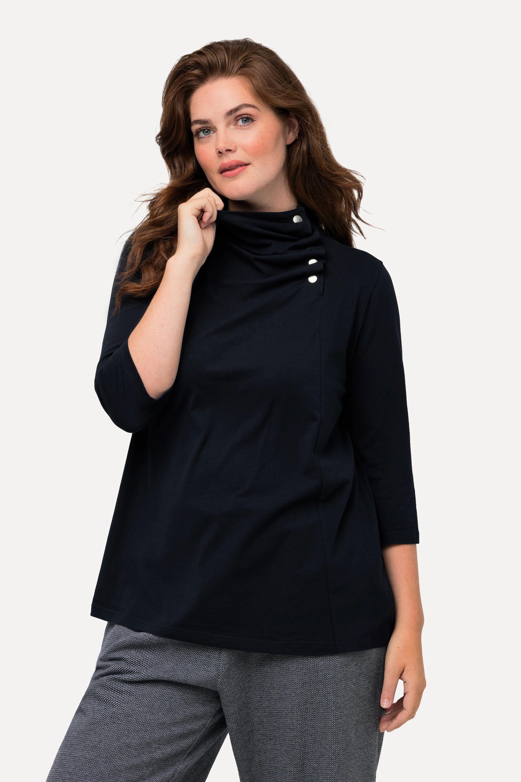 Ulla Popken  T-shirt en coton bio, col châle avec drapé, manches 3/4 