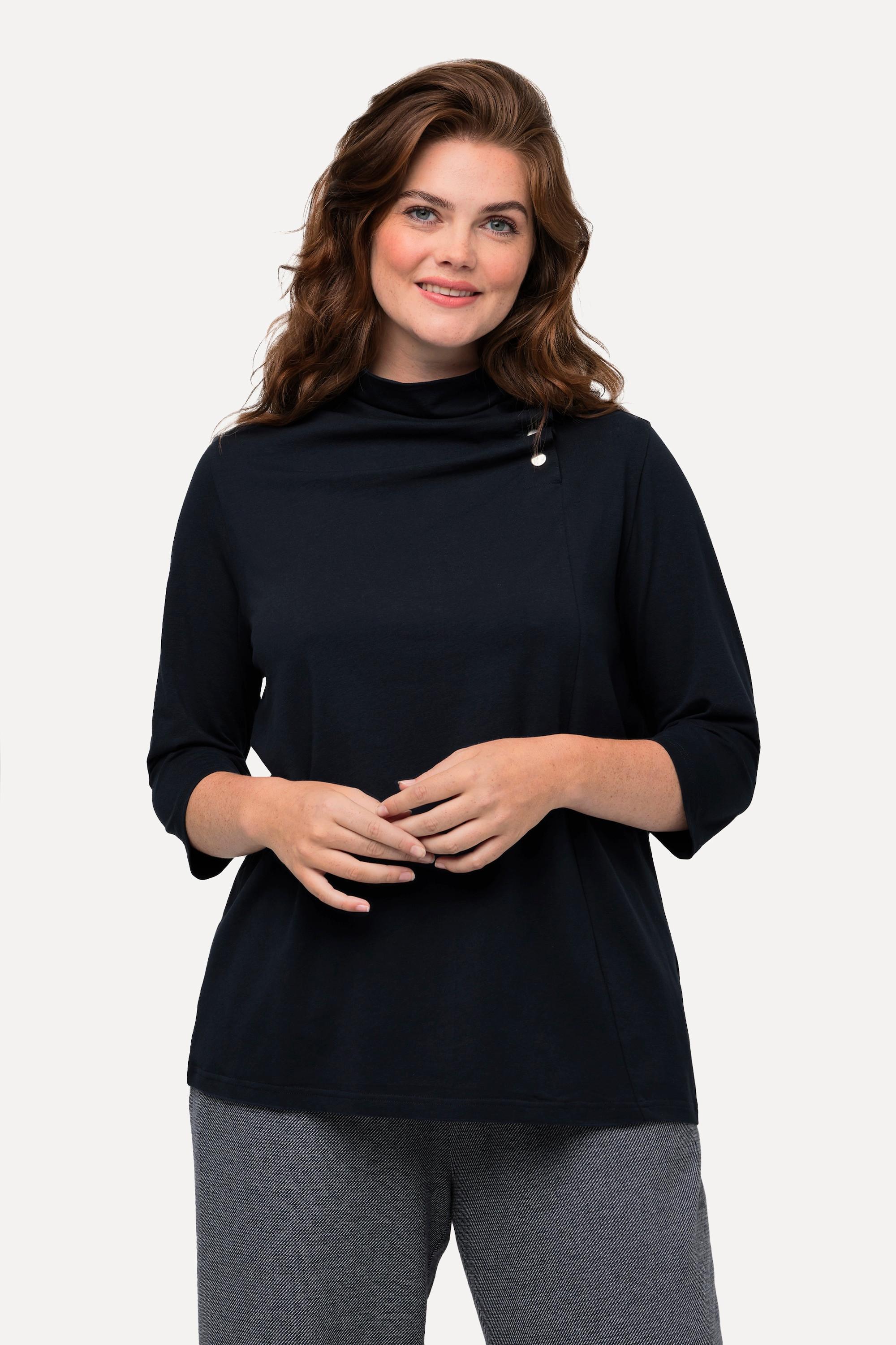 Ulla Popken  T-shirt en coton bio, col châle avec drapé, manches 3/4 