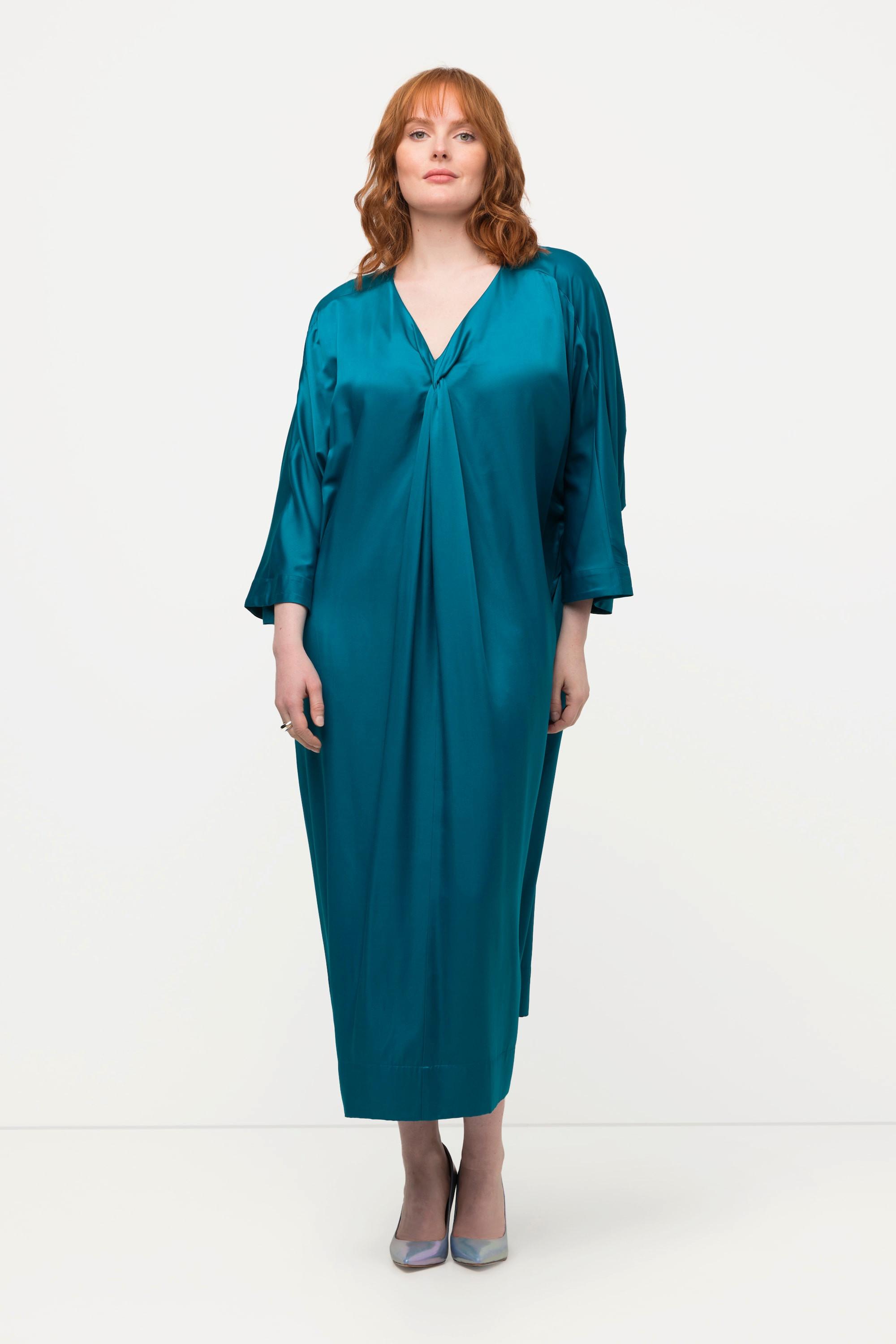 Ulla Popken Abito Midi Raso Scollo a V Mezza Manica con Tasche  