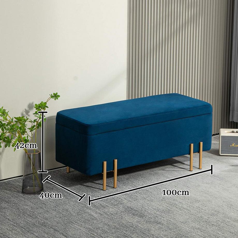 Northio Sitzbank, Polsterbank mit Stauraum, Truhenbank, Stoff, Metall, Gummiholz, Schaumstoff, Dunkelblau, 100 x 40 x 42 cm  