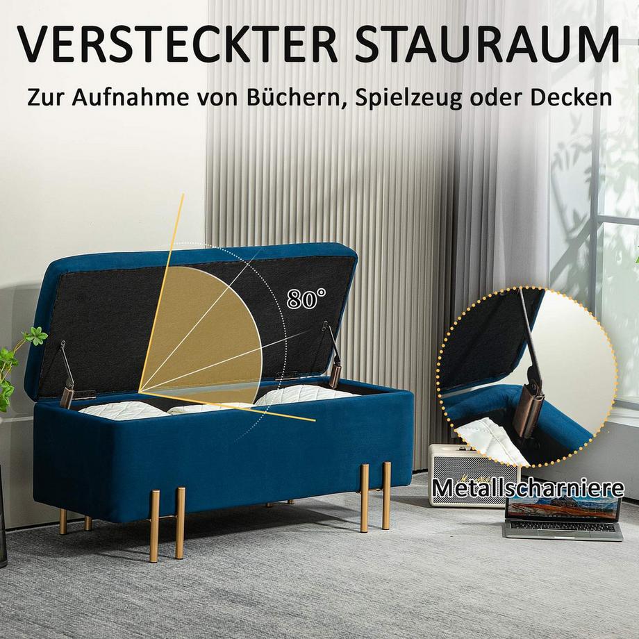 Northio Sitzbank, Polsterbank mit Stauraum, Truhenbank, Stoff, Metall, Gummiholz, Schaumstoff, Dunkelblau, 100 x 40 x 42 cm  