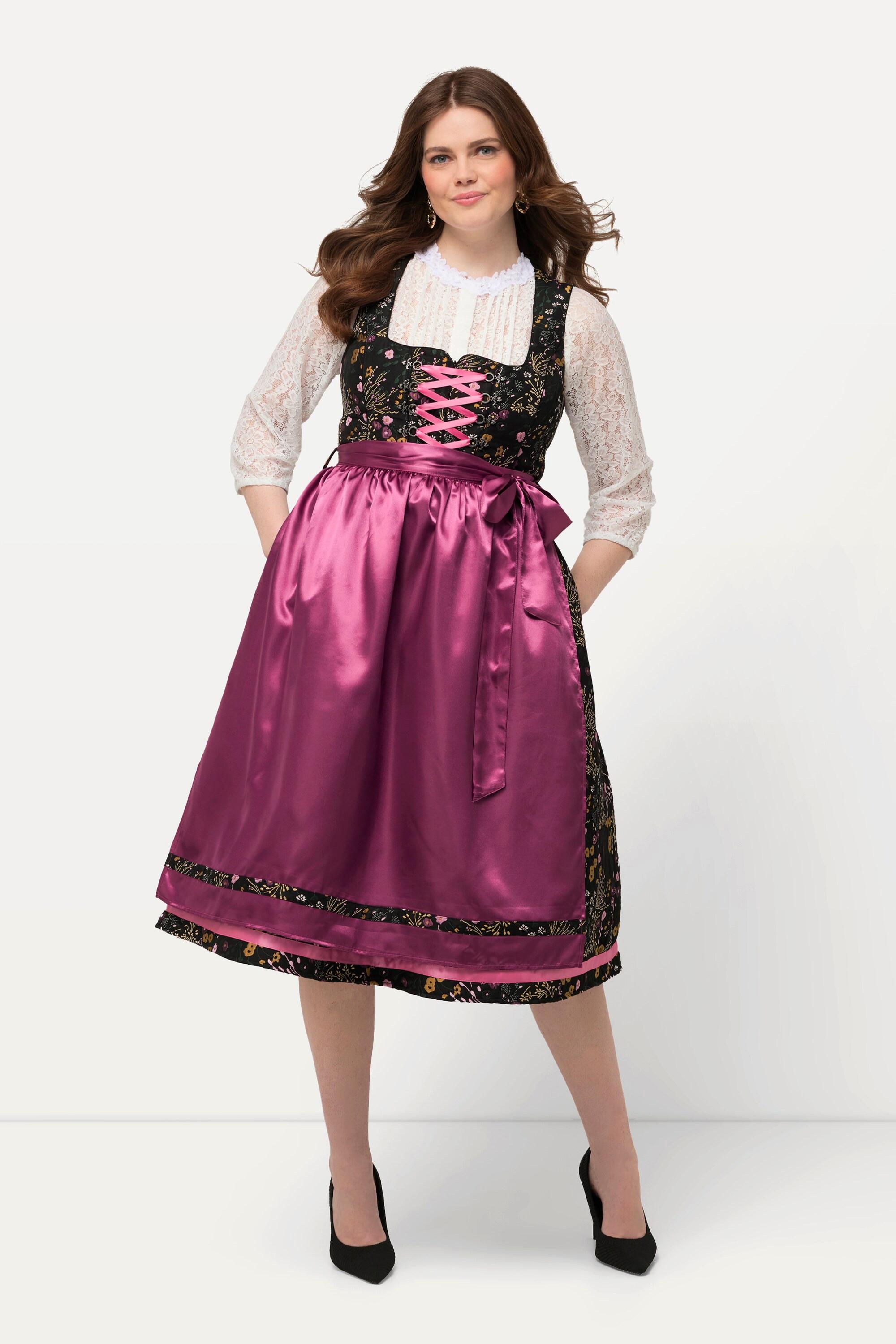 Ulla Popken Dirndl Floreale Paillettes Scollo Quadrato Senza Maniche  