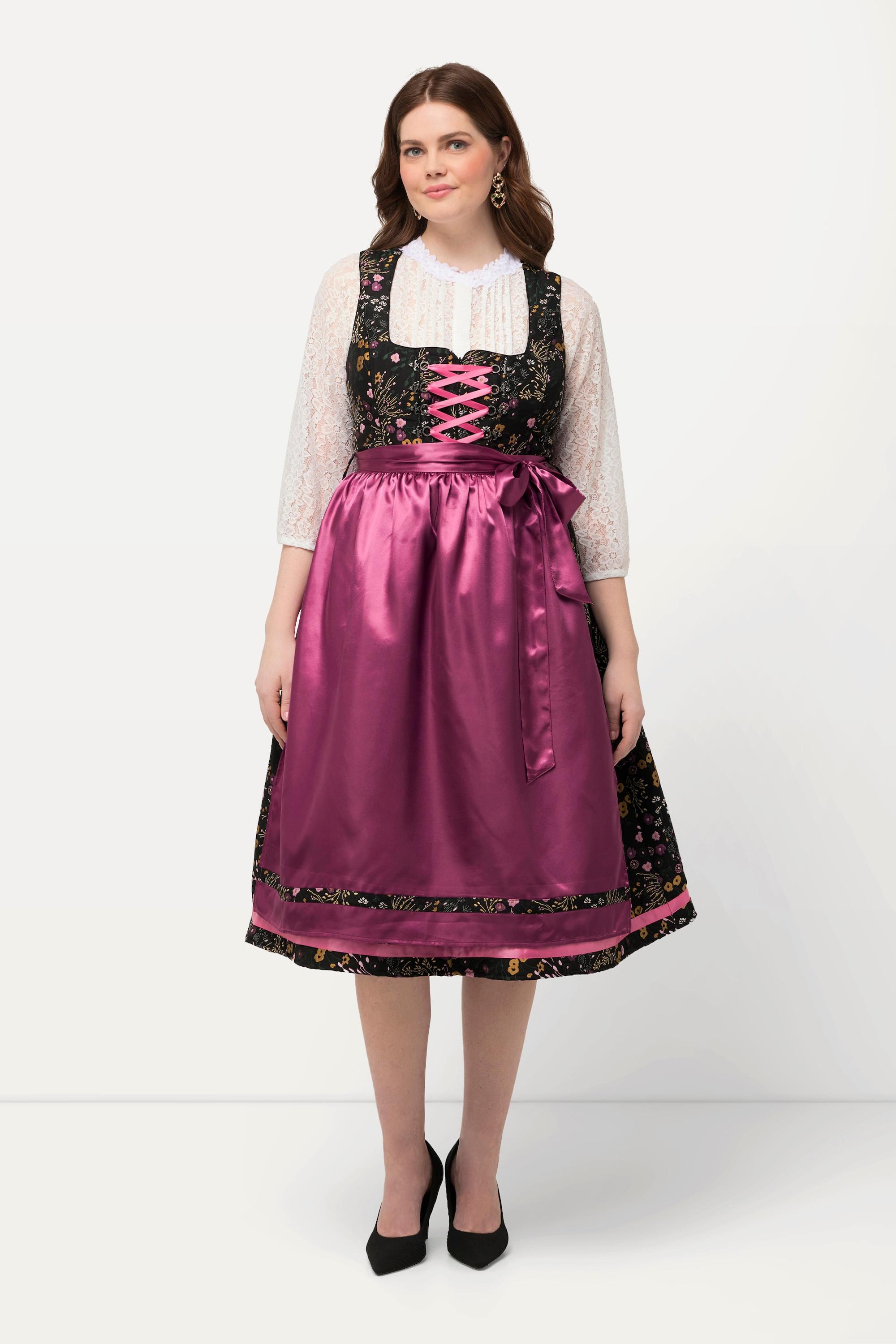 Ulla Popken Dirndl Floreale Paillettes Scollo Quadrato Senza Maniche  