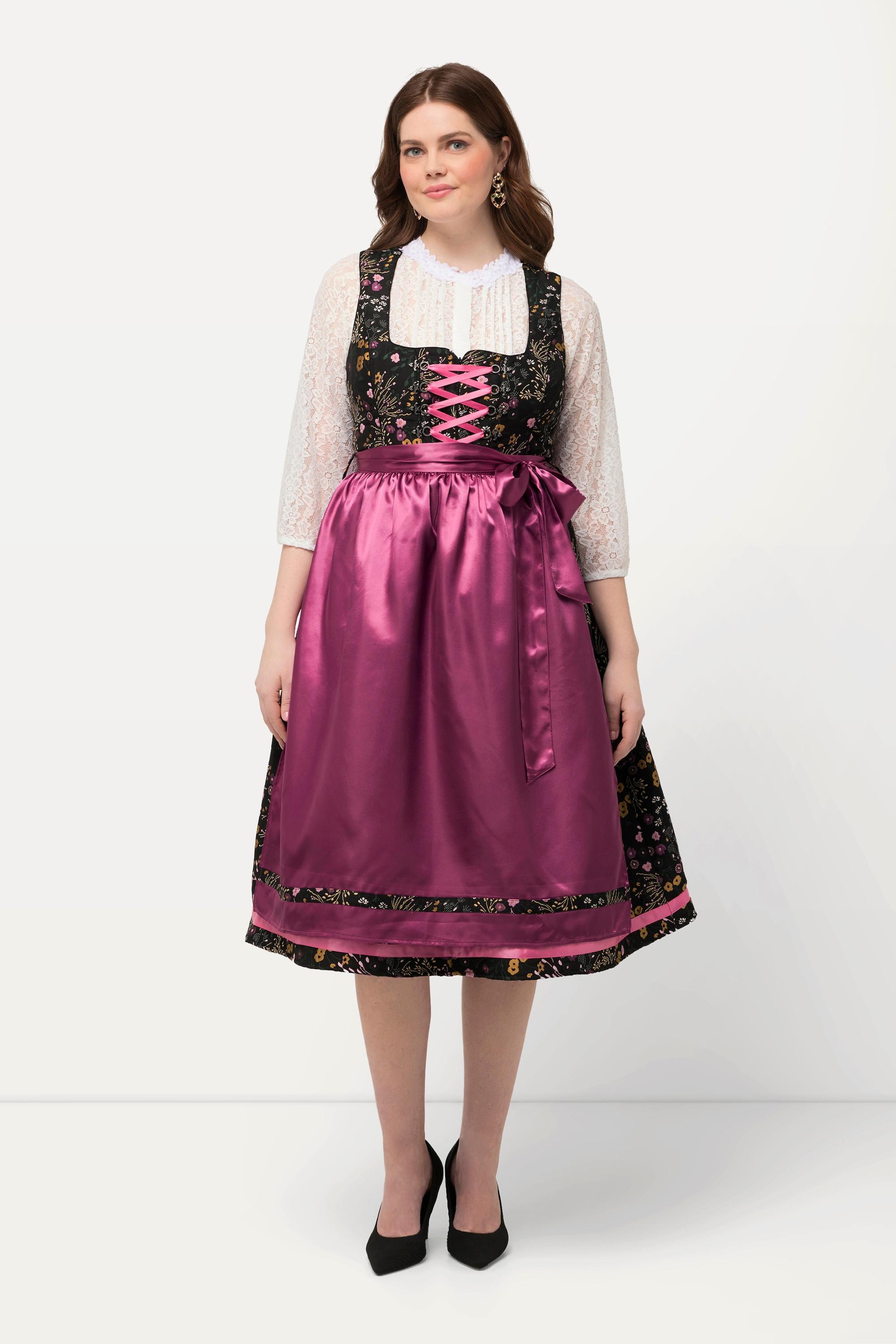 Ulla Popken  Dirndl, Blüten, Pailletten, Carree-Ausschnitt, ärmellos 