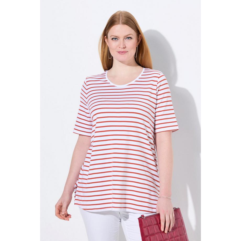 Ulla Popken T-shirt rayé A-line col rond manches courtes coton Pima  
