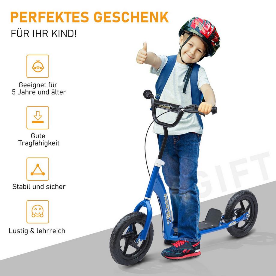 Northio  Trottinette Pour Enfants Trottinette De Ville 12 Pouces Avec Frein Arrière, Réglable En Hauteur, Acier & Eva, Bleu, 120X52X80-88 Cm 