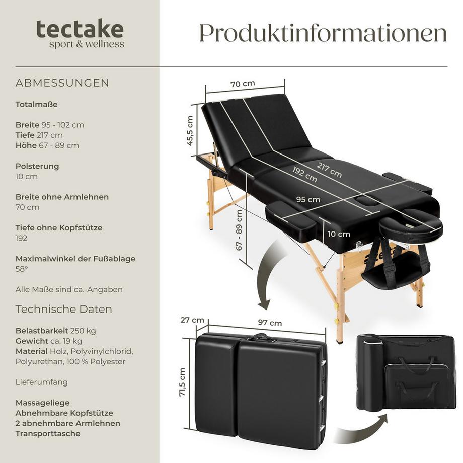 Tectake 3 Zonen Massageliege mit 10cm Polsterung und Holzgestell  