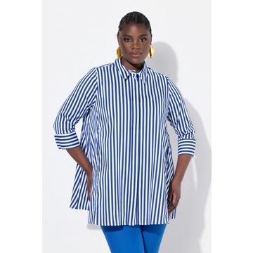 Blusa a righe con godet, collo da camicia e maniche a 3/4