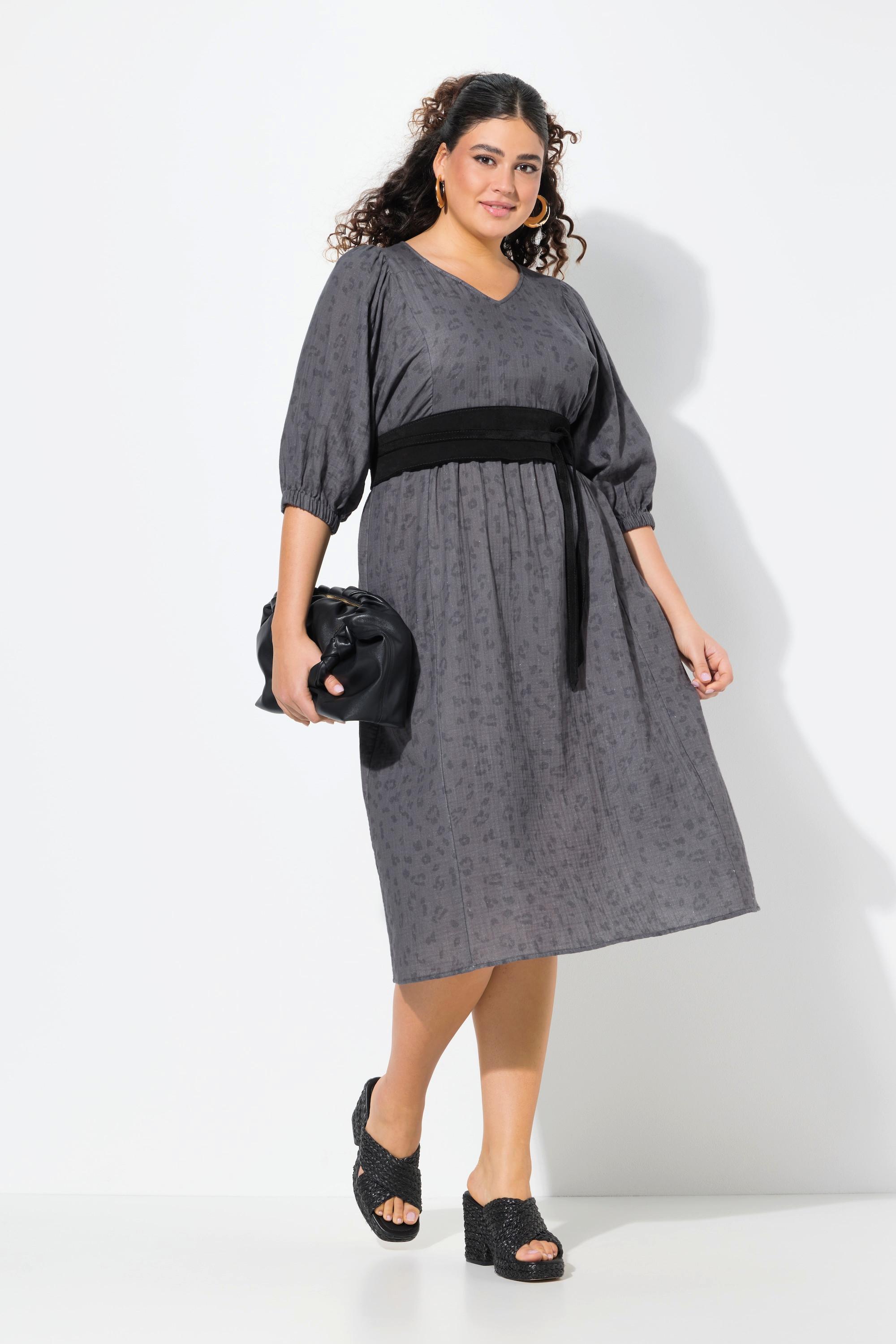 Ulla Popken Musselin Midikleid A-Linie V-Ausschnitt Halbarm  