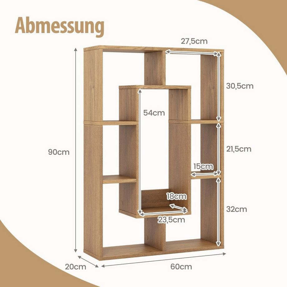 B2X Modernes Bücherregal mit 7 Fächern & Kippschutz Geometrisches Offenes Standregal Natur  