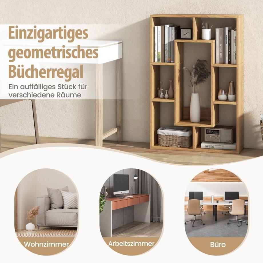 B2X Modernes Bücherregal mit 7 Fächern & Kippschutz Geometrisches Offenes Standregal Natur  