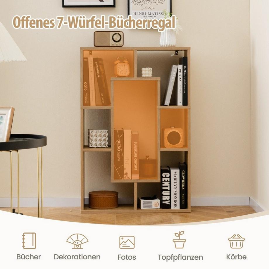 B2X Modernes Bücherregal mit 7 Fächern & Kippschutz Geometrisches Offenes Standregal Natur  