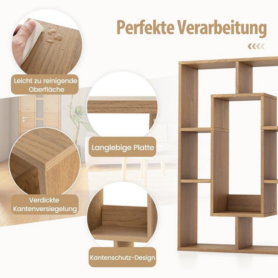 B2X Modernes Bücherregal mit 7 Fächern & Kippschutz Geometrisches Offenes Standregal Natur  