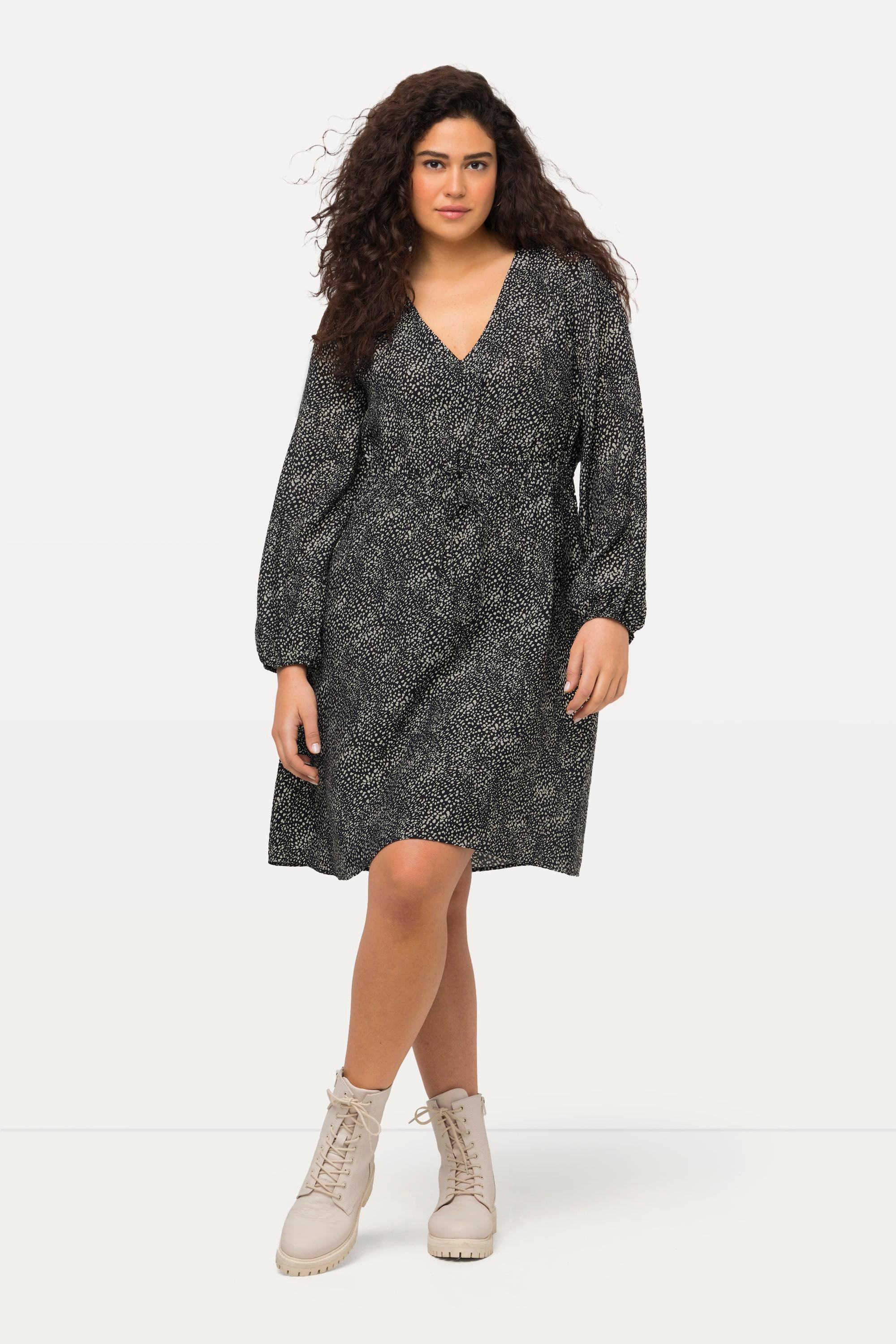 Ulla Popken Abito Midi Pois Linea A Scollo V Maniche Lunghe a Palloncino  