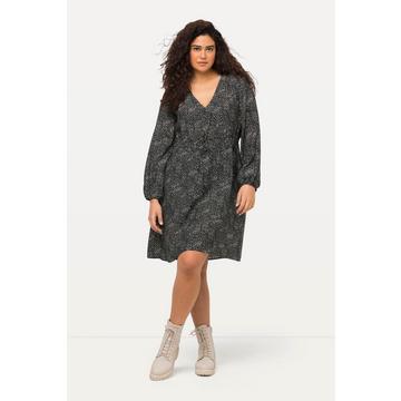 Abito midi dal taglio svasato con macchiette, scollo a V e maniche lunghe a palloncino