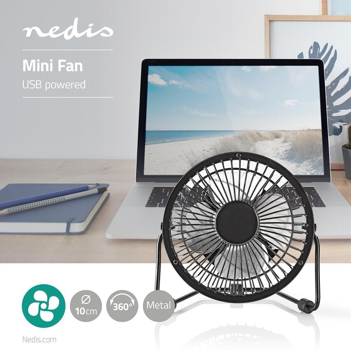 Nedis Ventilateur de table | Alimenté par USB | Diamètre : 100 mm | 3 W | 1 vitesse | Noir  