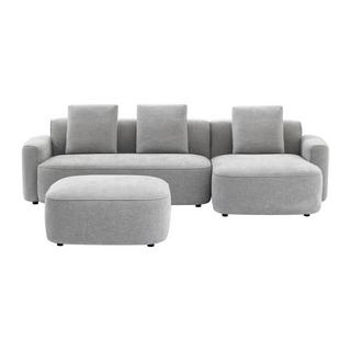 Vente-unique Canapé d'angle droit et pouf en tissu texturé gris POMIANGO  