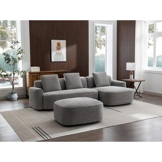 Vente-unique Canapé d'angle droit et pouf en tissu texturé gris POMIANGO  