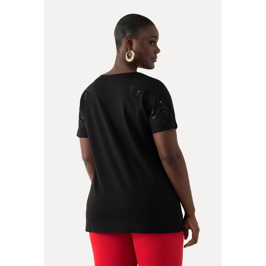 Ulla Popken T-shirt Oversized Col V Manches Courtes avec Broderie Pailletée  