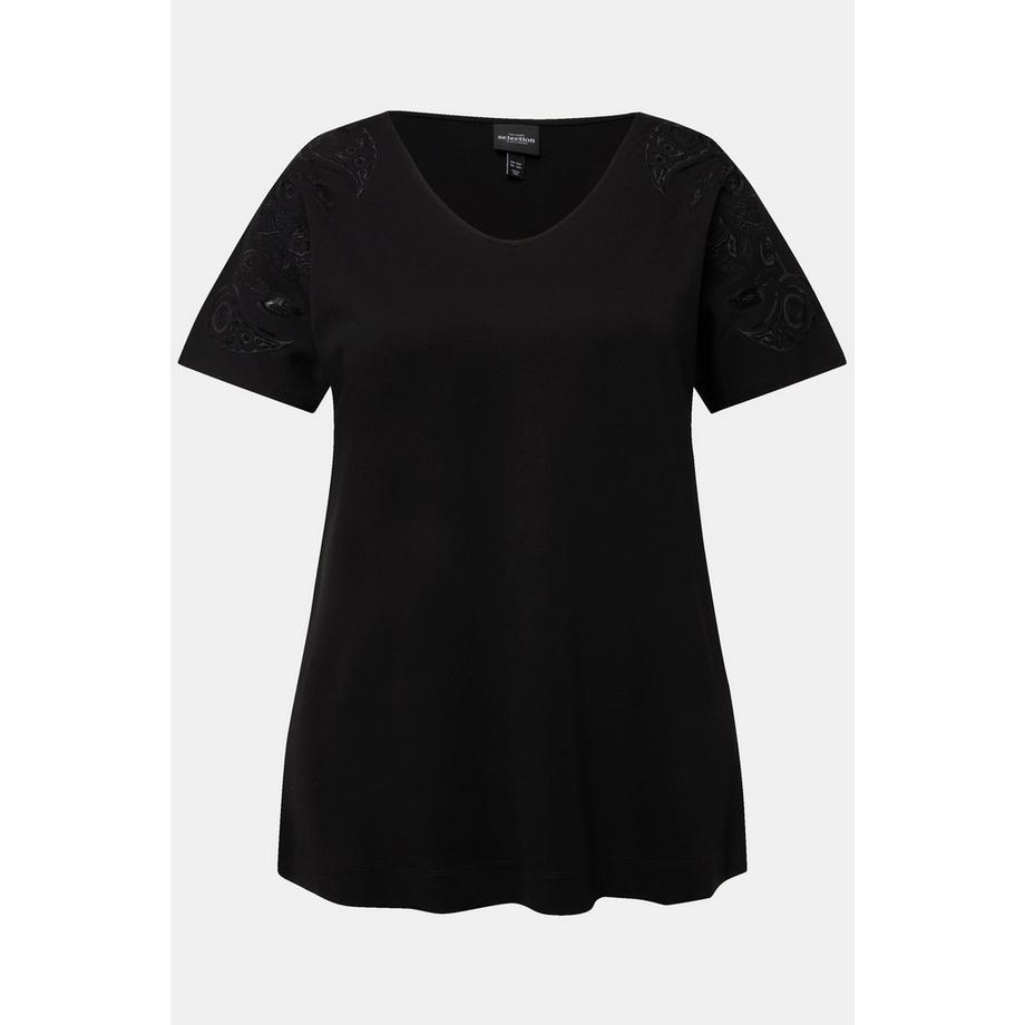 Ulla Popken T-shirt Oversized Col V Manches Courtes avec Broderie Pailletée  