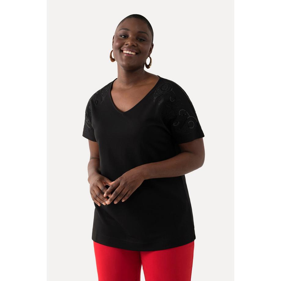 Ulla Popken T-shirt Oversized Col V Manches Courtes avec Broderie Pailletée  