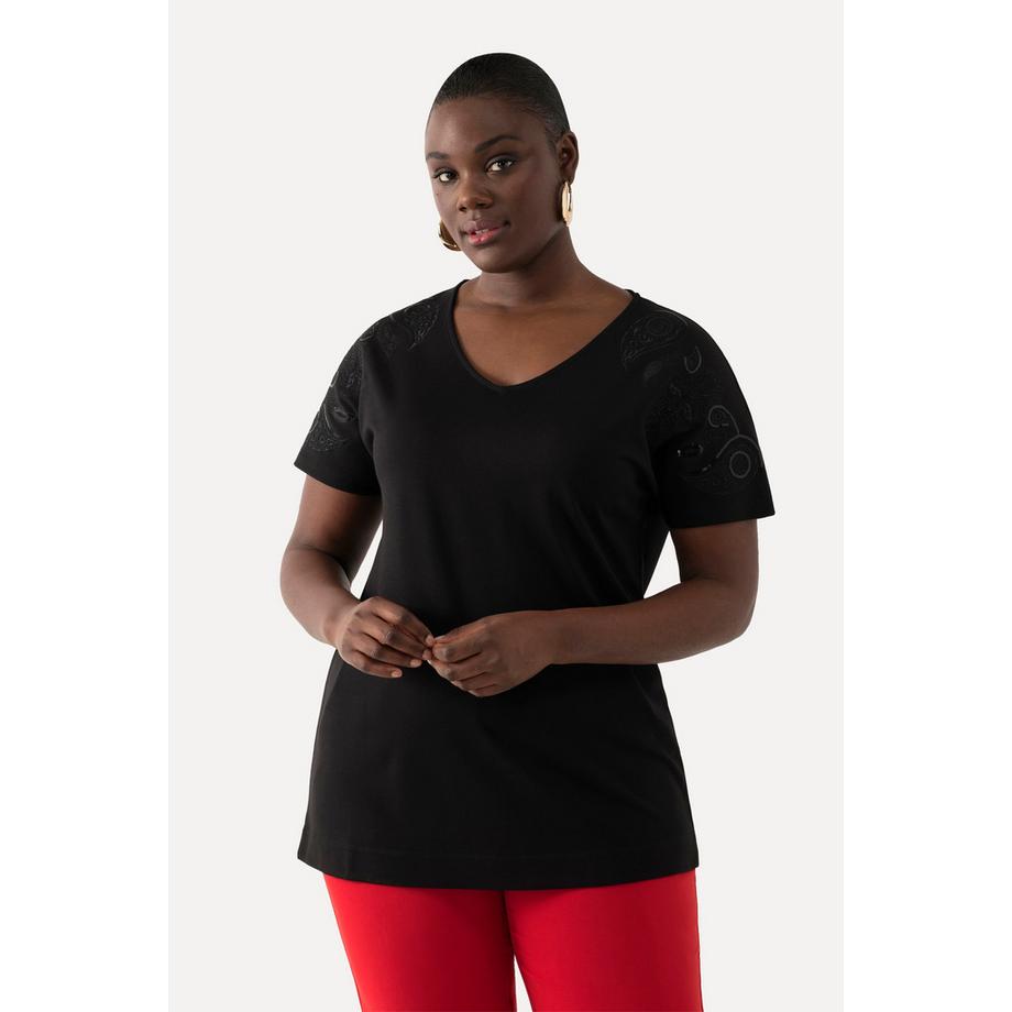 Ulla Popken T-shirt Oversized Col V Manches Courtes avec Broderie Pailletée  