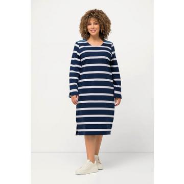 Robe midi en jersey, rayures, col rond, manches longues