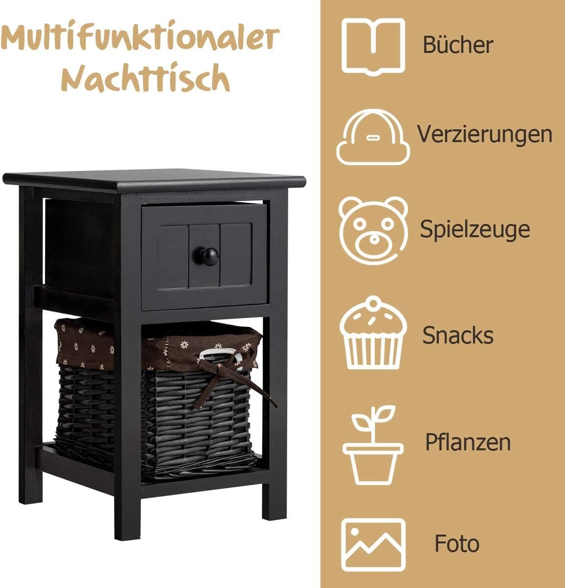 Northix 2-Stöckiger Nachttisch aus Holz mit Schublade und Korb Beistelltisch mit Ablage 31 x 28 x 45 cm Schwarz  