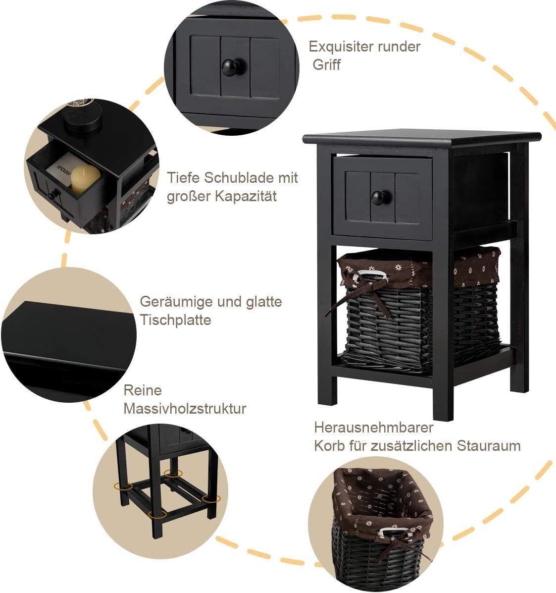 Northix 2-Stöckiger Nachttisch aus Holz mit Schublade und Korb Beistelltisch mit Ablage 31 x 28 x 45 cm Schwarz  