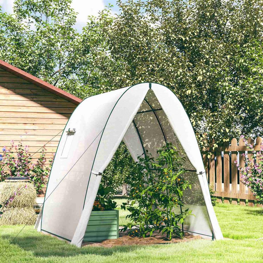 Northio Gewächshaus mit Rolltür, 2 Fernster, winterfest Foliengewächshaus aus Stahl, Treibhaus für Balkon, Garten, Tomatenhaus 180 x 180 x 200 cm, Tomatengewächshaus für Tomaten, Gemüse, Blumen, Weiß Aosom  