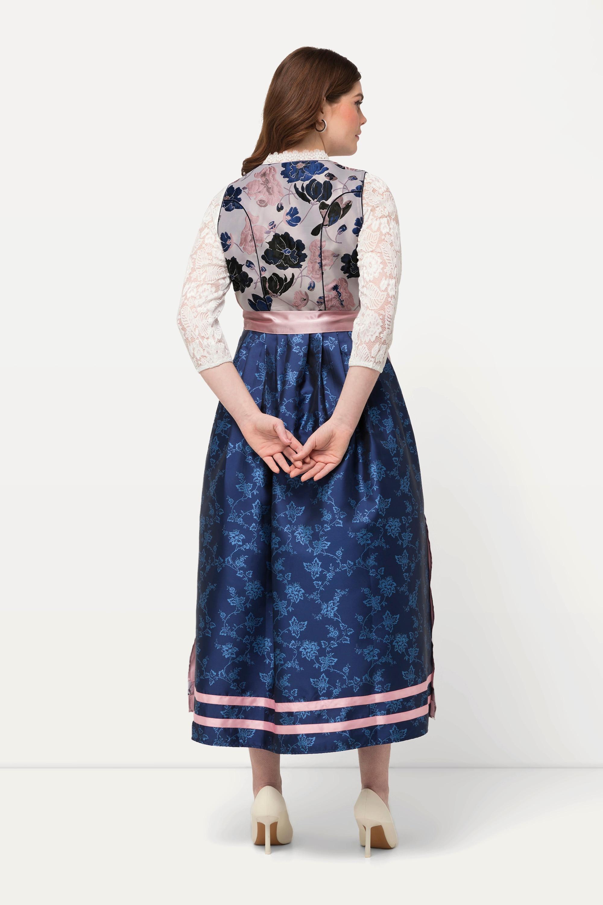 Ulla Popken Dirndl Fantasia Floreale Bottoni Decorativi Scollo Quadrato  