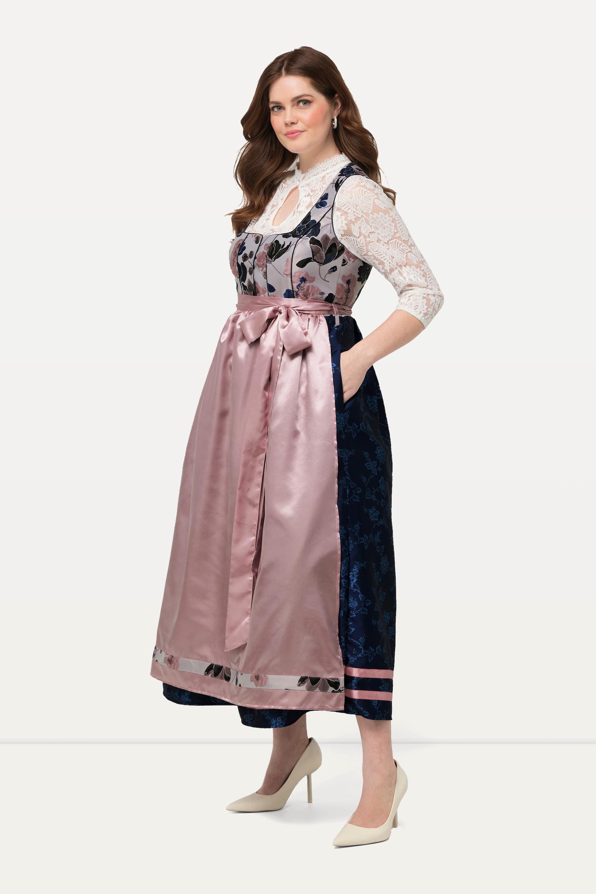 Ulla Popken Dirndl Fantasia Floreale Bottoni Decorativi Scollo Quadrato  