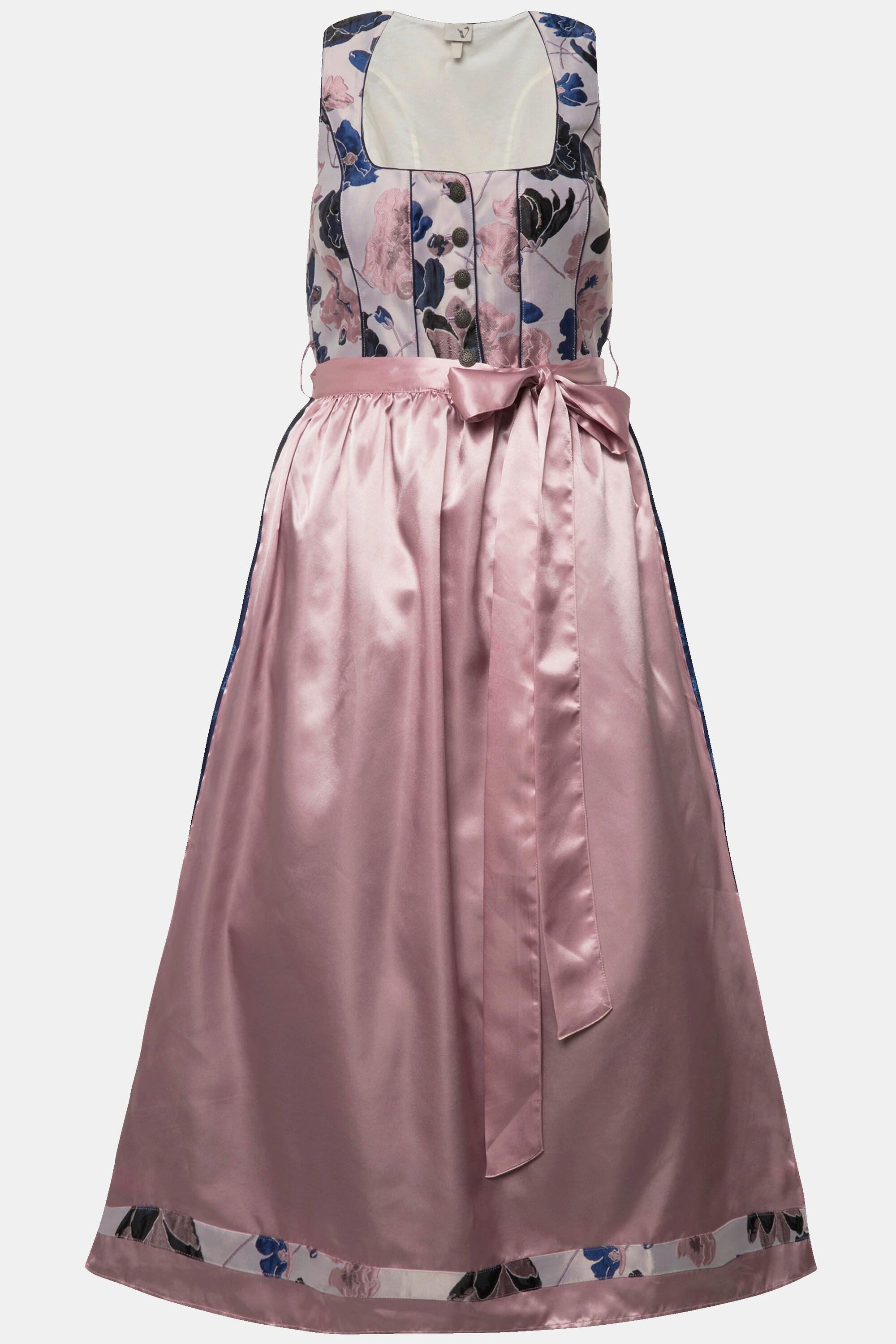 Ulla Popken Dirndl Fantasia Floreale Bottoni Decorativi Scollo Quadrato  