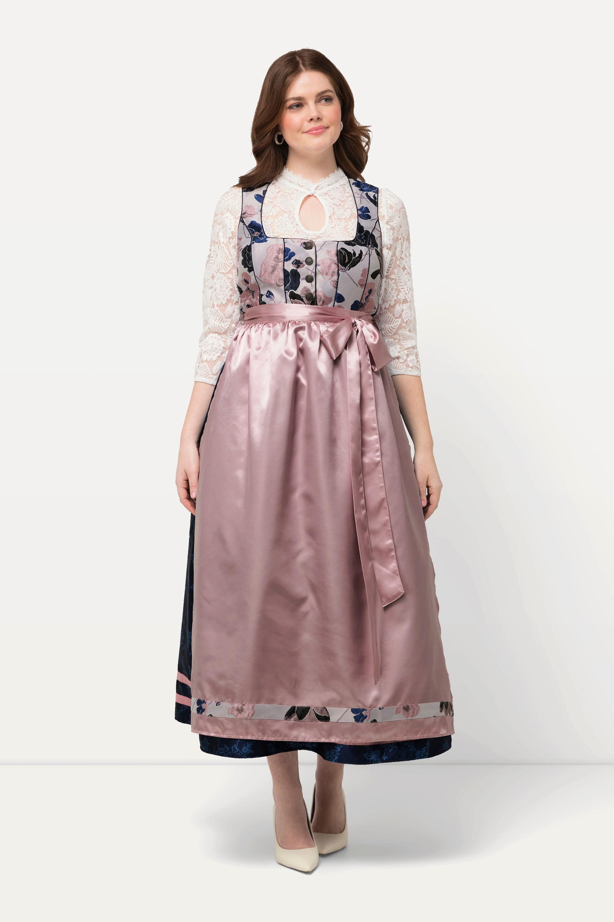 Ulla Popken Dirndl Fantasia Floreale Bottoni Decorativi Scollo Quadrato  